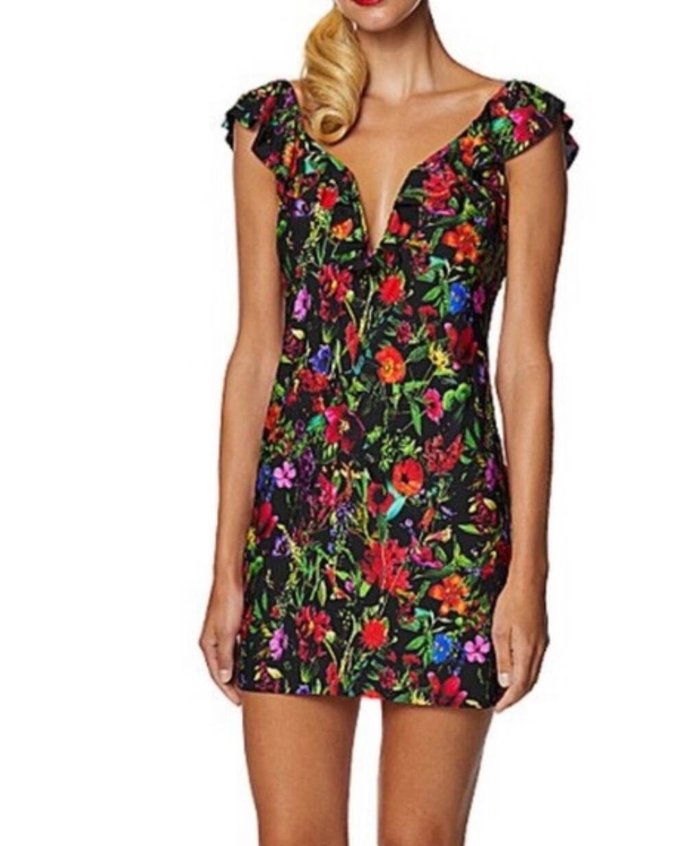 TAHARI Ruffle Front V Wire Swimwear Cover Up Dress Black Jungle Bouquet Size M